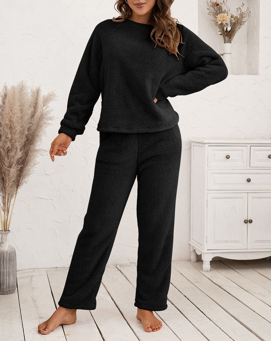 Plush Fleece Lounge Set With Wide Leg Pants - Black - 2