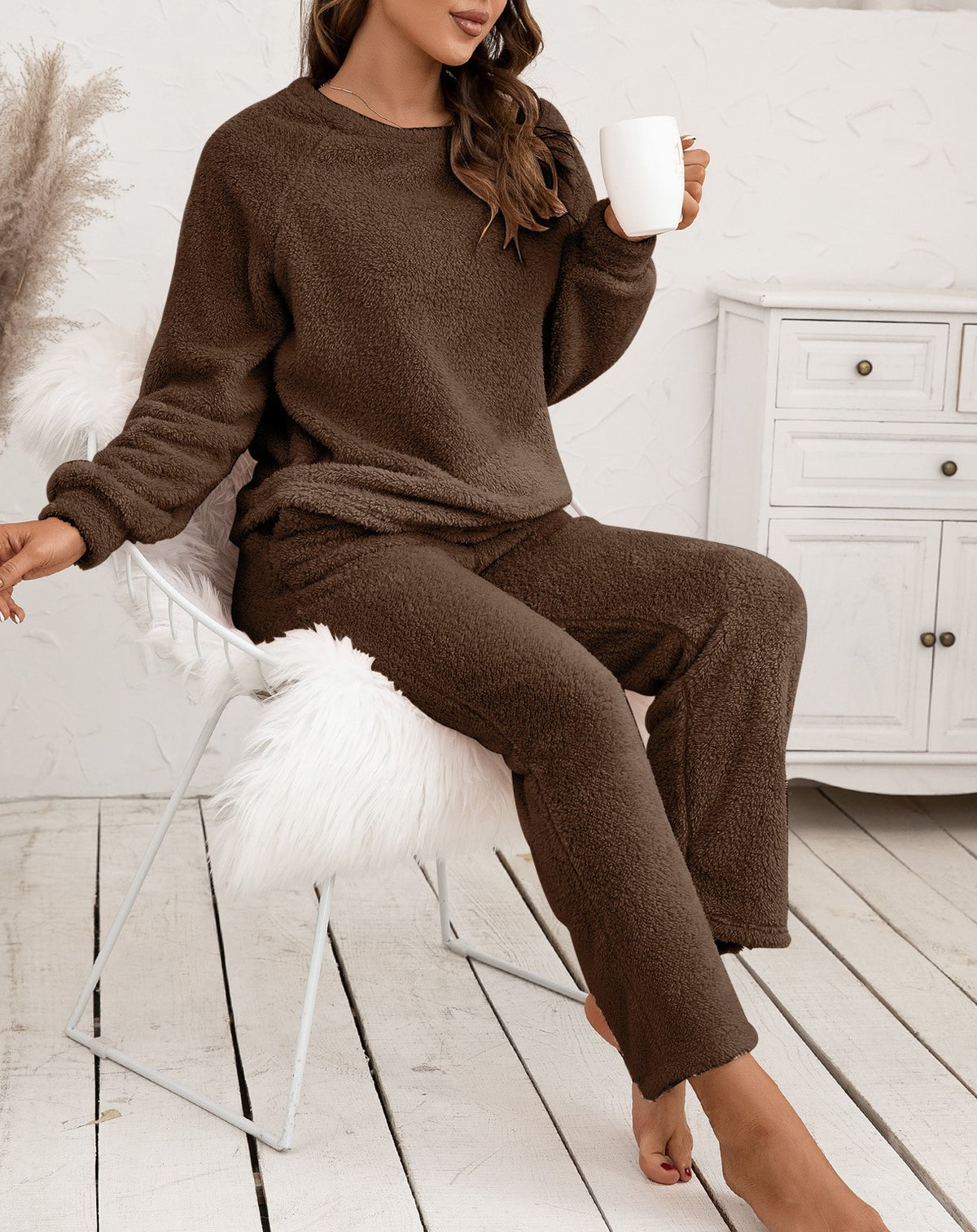 Plush Fleece Lounge Set With Wide Leg Pants - Brown - 3