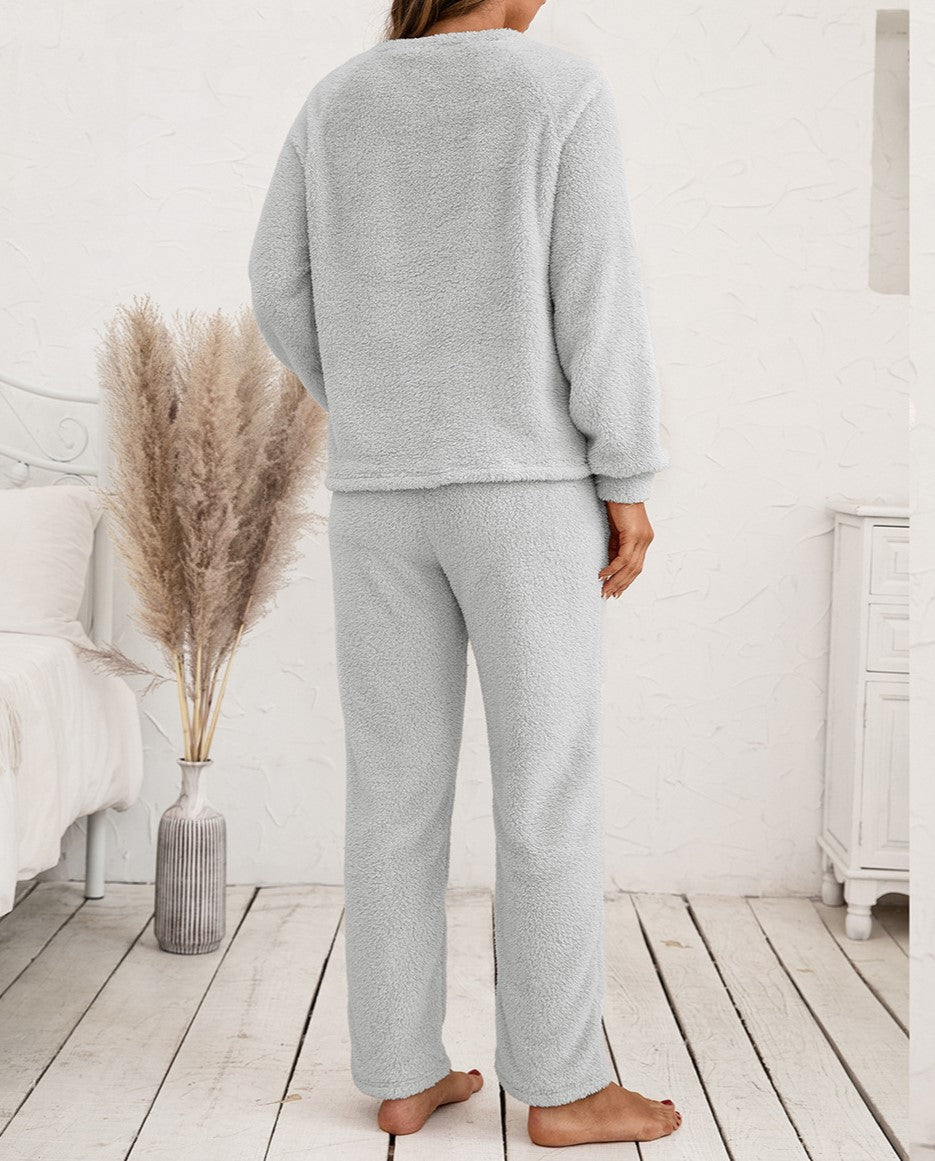 Plush Fleece Lounge Set With Wide Leg Pants - Grey - 2