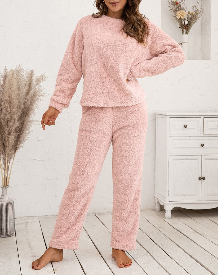 Plush Fleece Lounge Set With Wide Leg Pants - Pink - 2