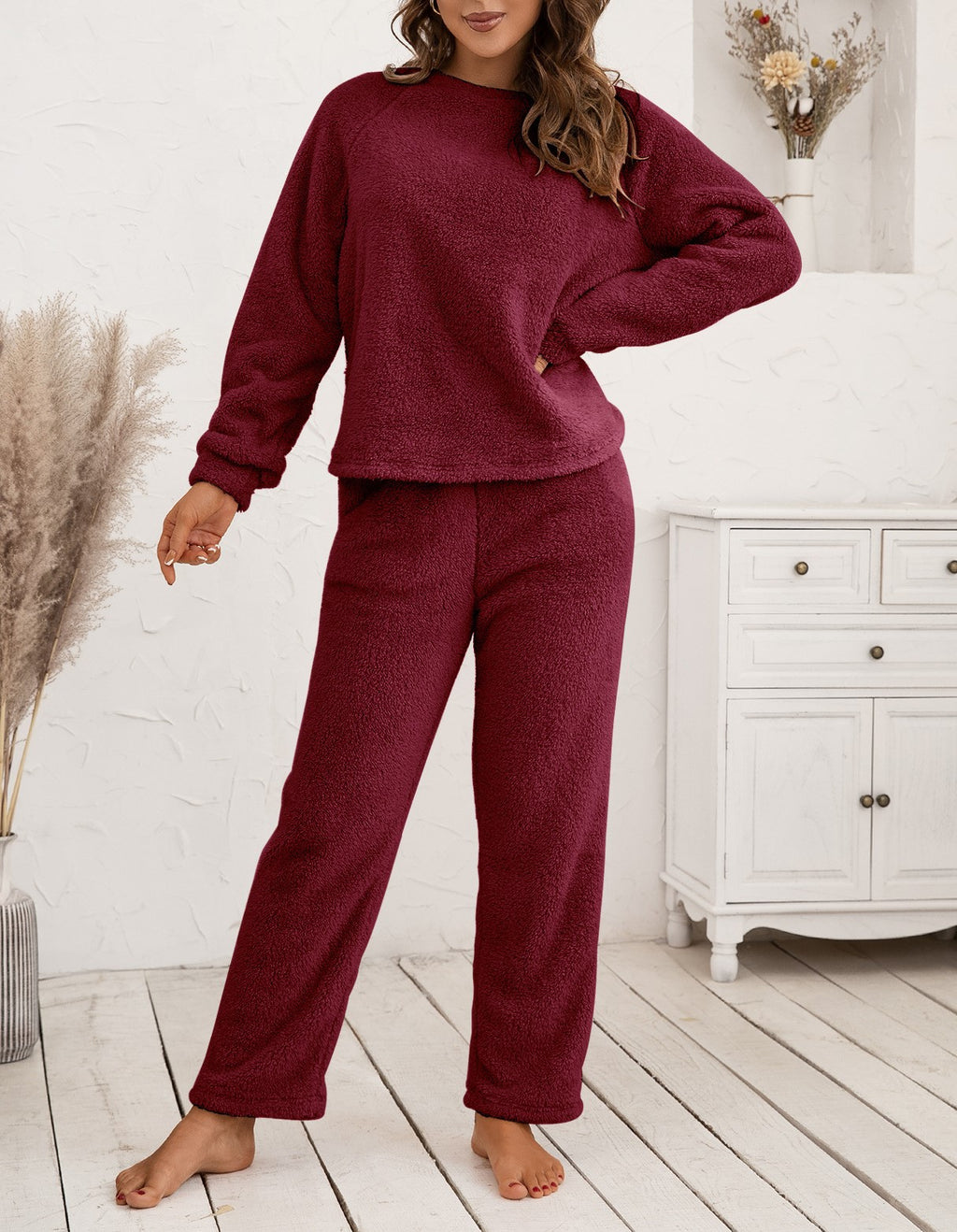 Plush Fleece Lounge Set With Wide Leg Pants - WineRed - 2