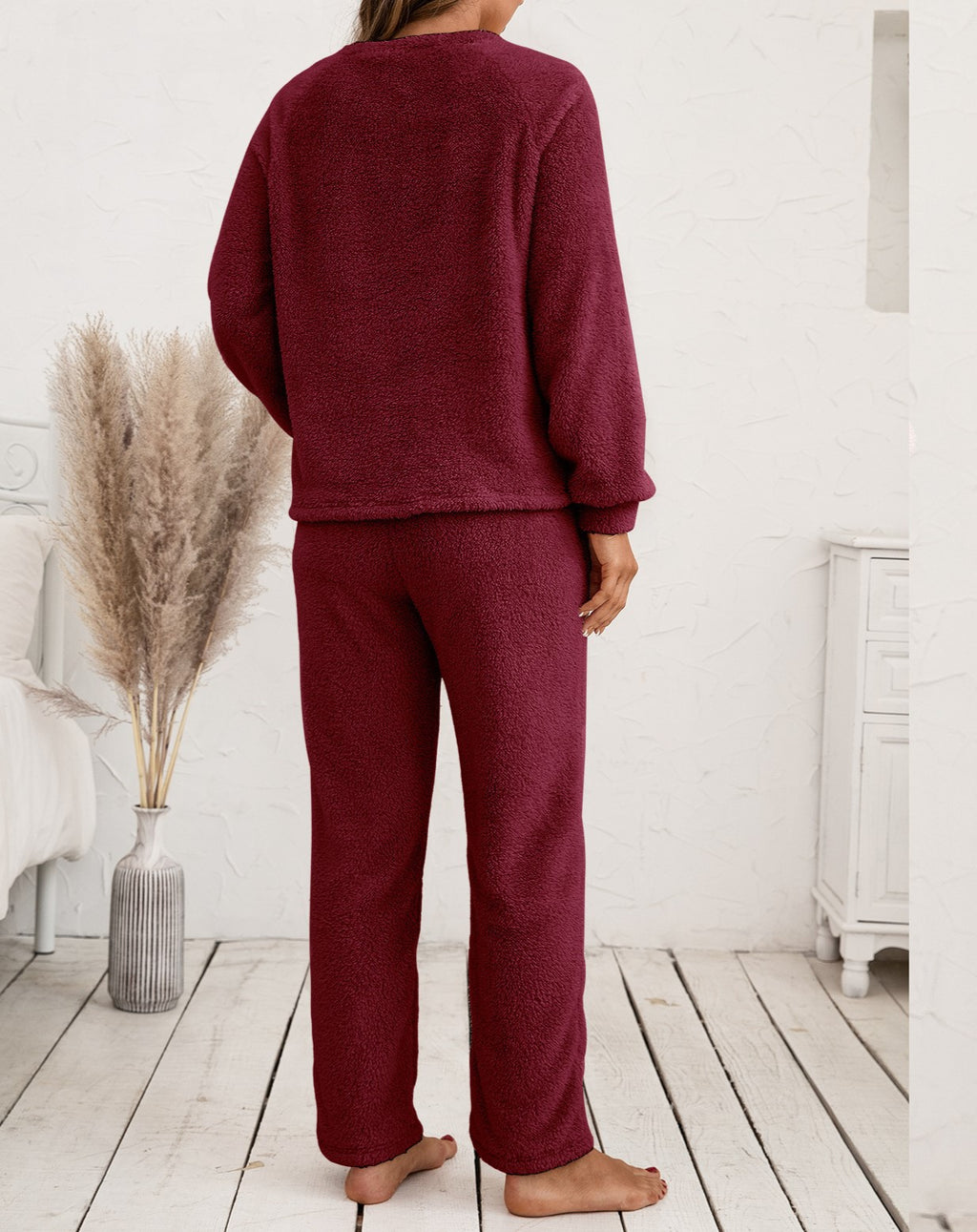 Plush Fleece Lounge Set With Wide Leg Pants - WineRed - 3