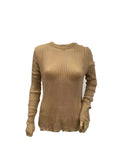 Fine Rib Sheer Knit Crew Neck Top - Brown