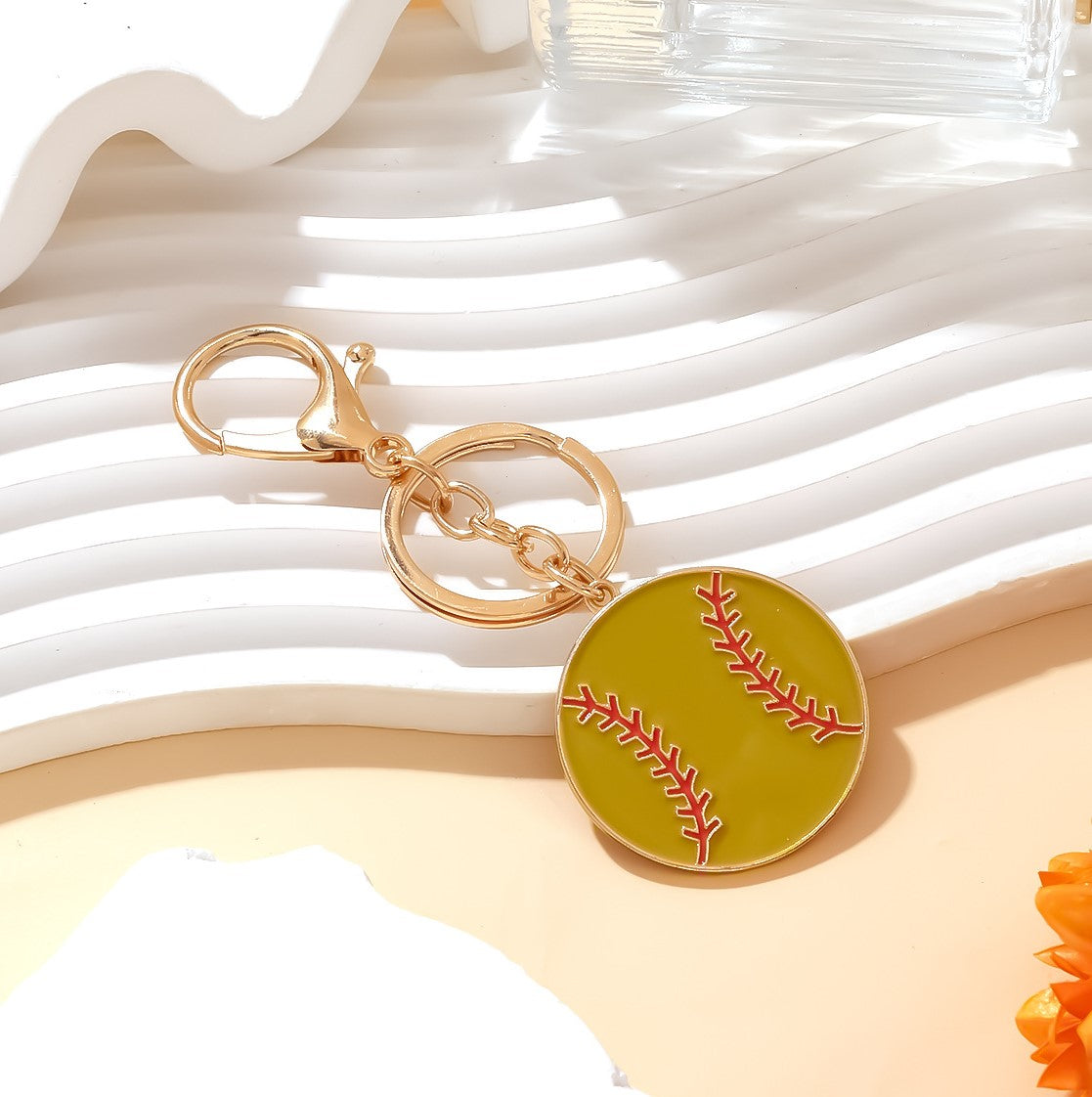 Enamel Baseball Charm Keychain - Gold - 1