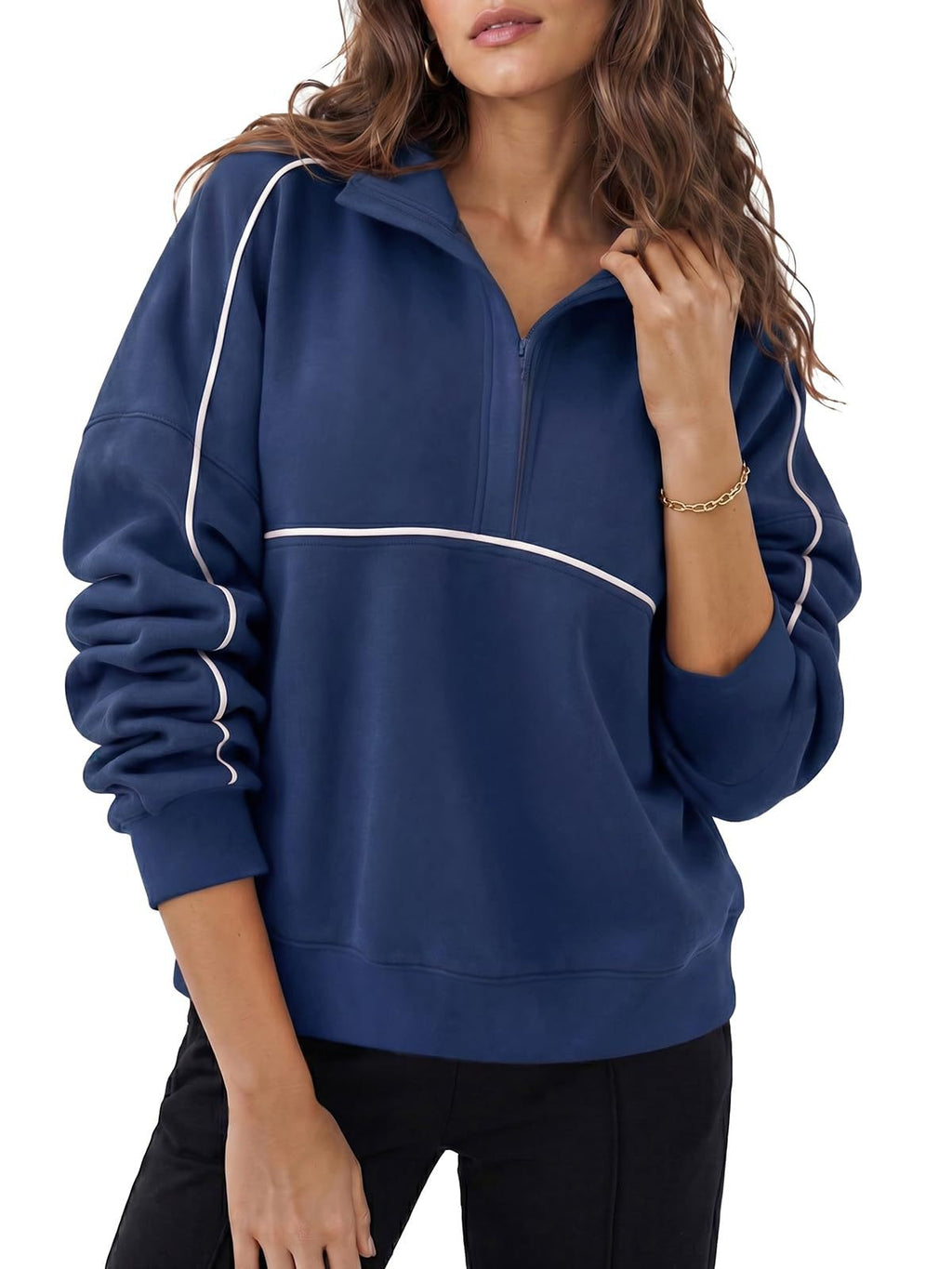 Half Zip Sweatshirt With Contrast Piping Trim - DarkBlue