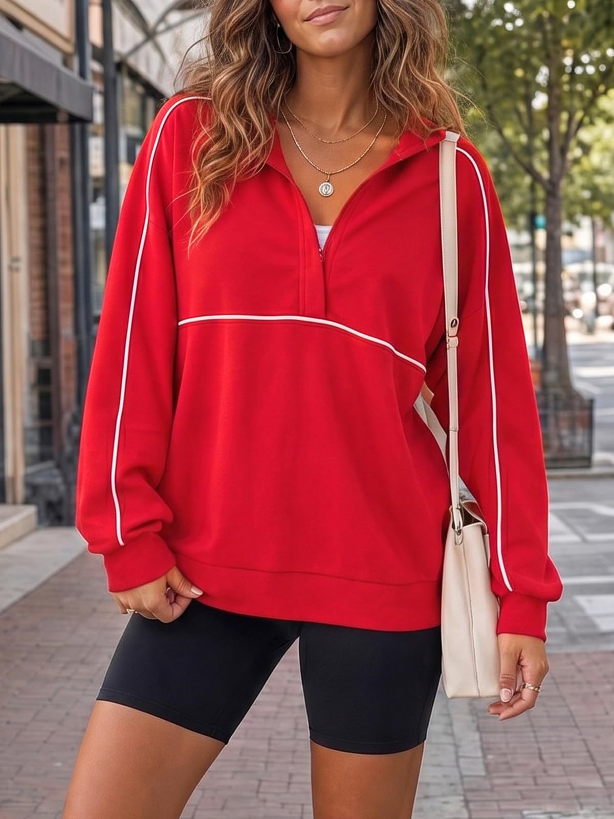 Half Zip Sweatshirt With Contrast Piping Trim - Red