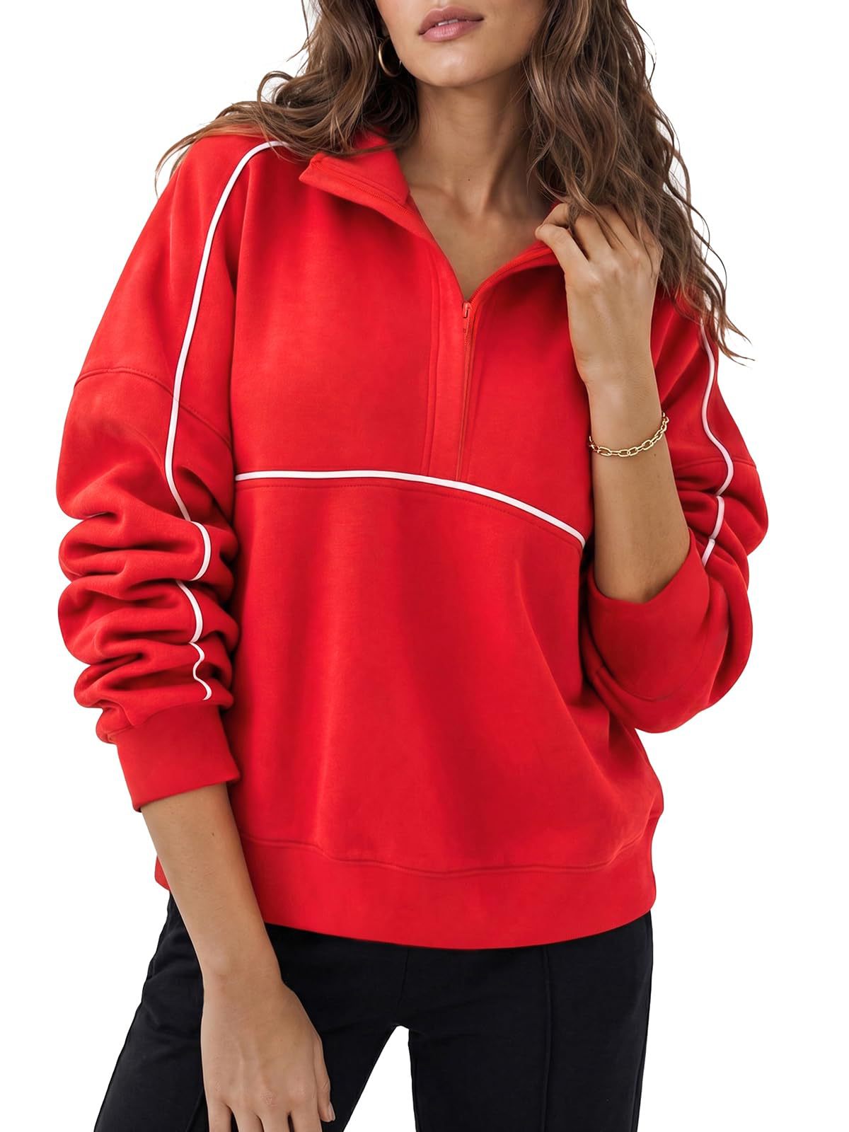 Half Zip Sweatshirt With Contrast Piping Trim - Red - 1