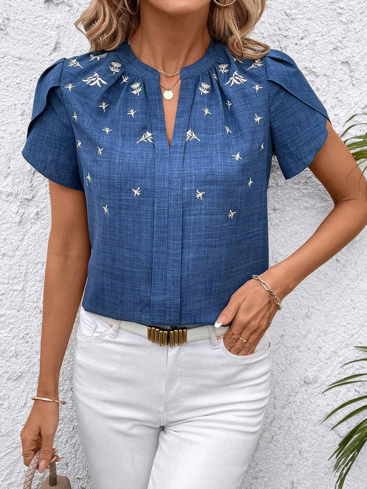 Embroidered Split Neck Petal Sleeve Top - Blue