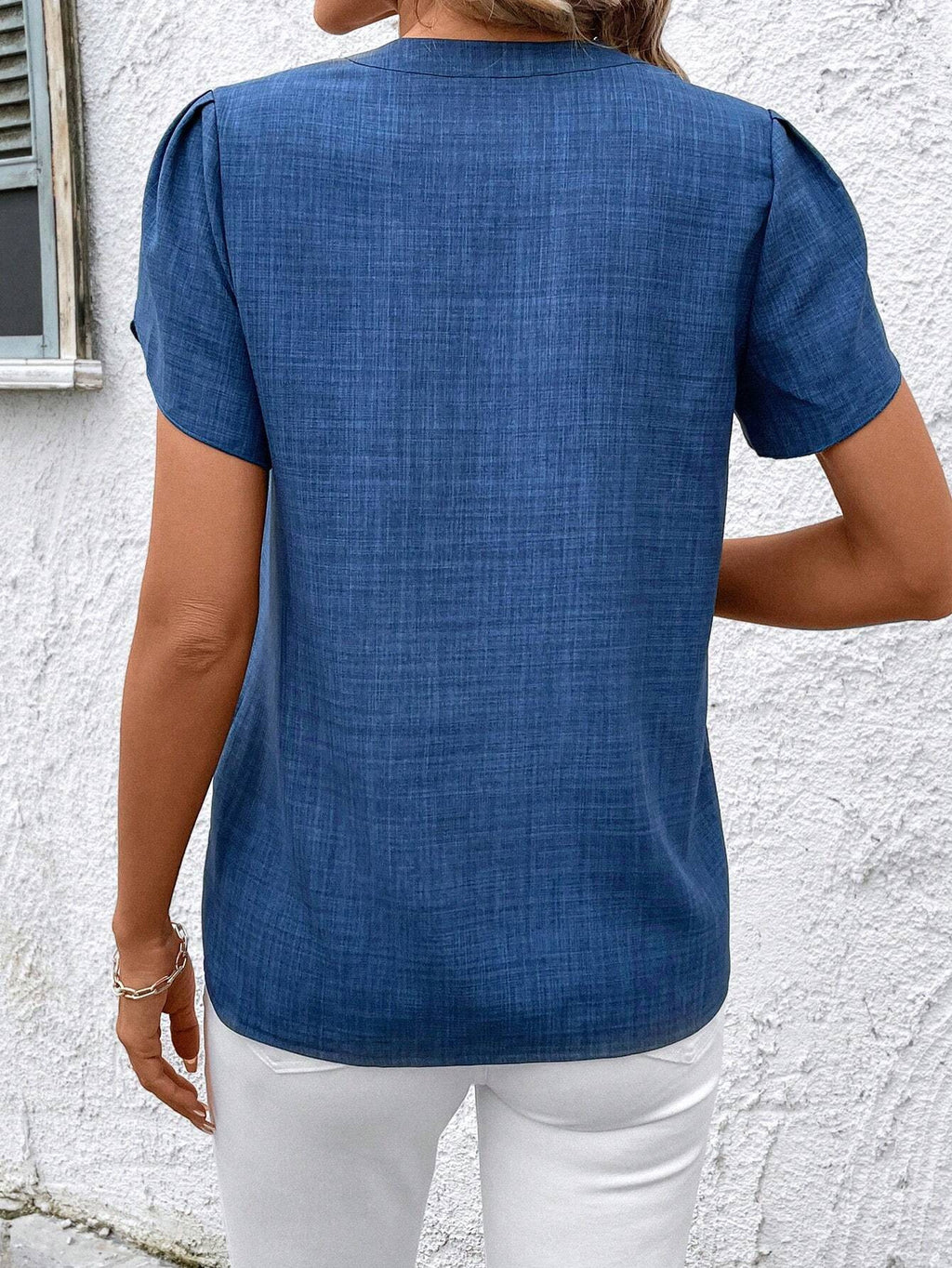 Embroidered Split Neck Petal Sleeve Top - Blue - 1