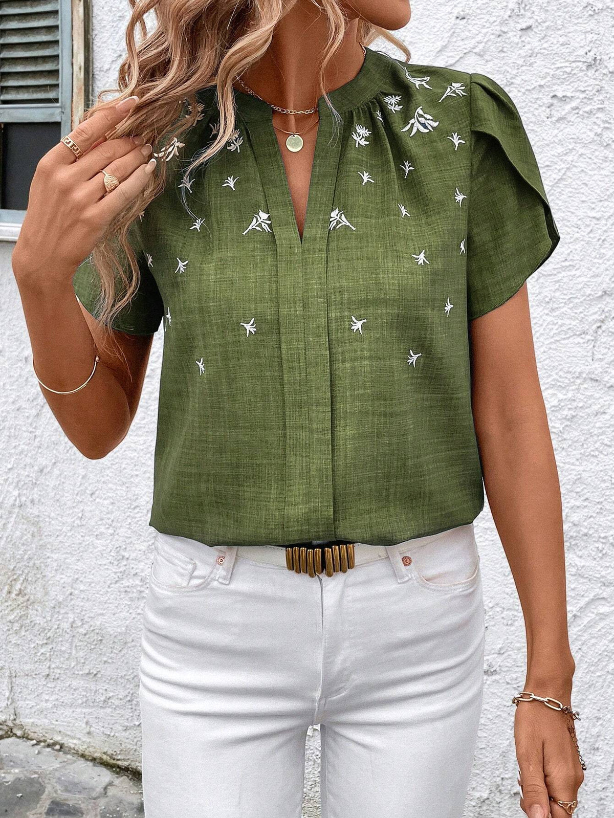 Embroidered Split Neck Petal Sleeve Top - Green