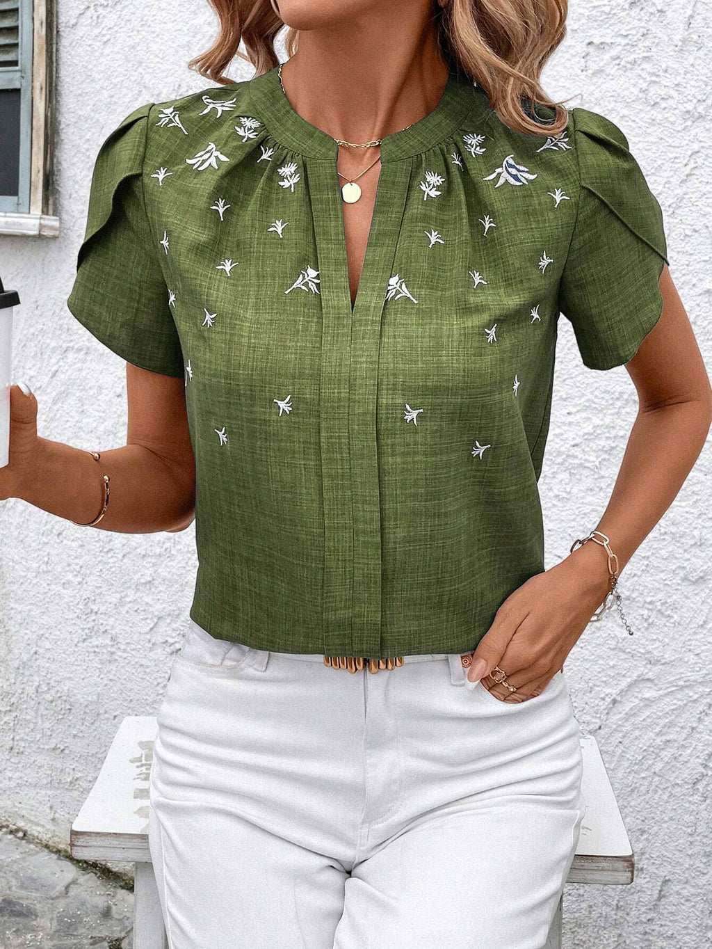 Embroidered Split Neck Petal Sleeve Top - Green - 1