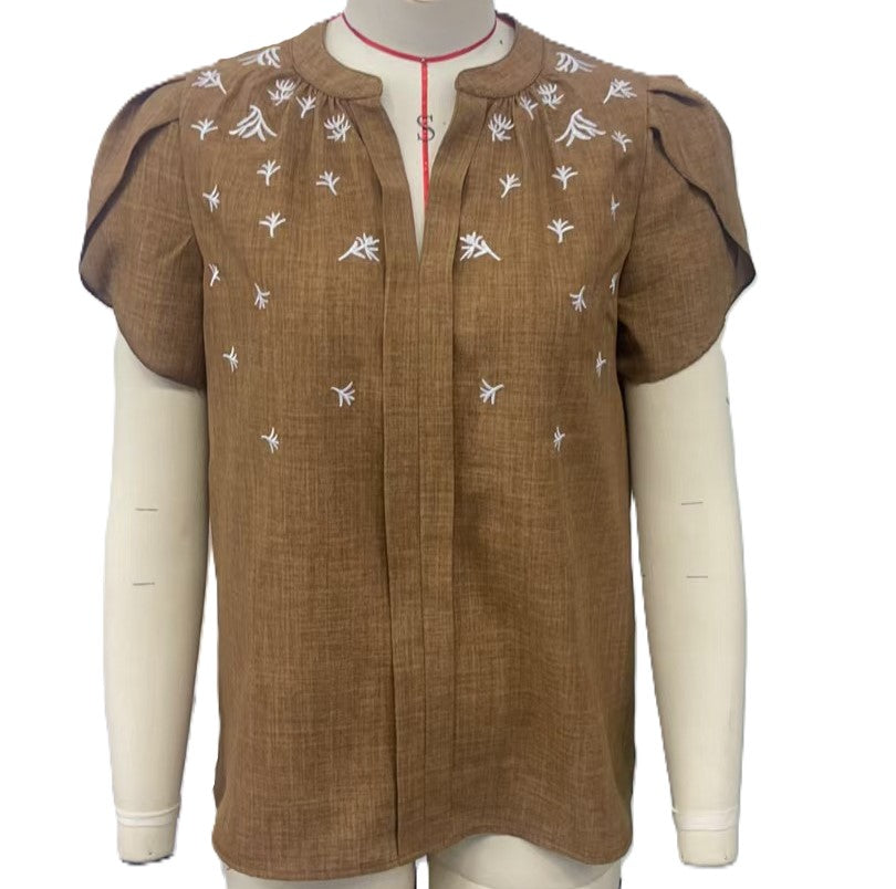 Embroidered Split Neck Petal Sleeve Top - Khaki
