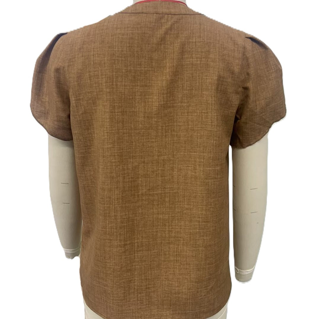 Embroidered Split Neck Petal Sleeve Top - Khaki - 1