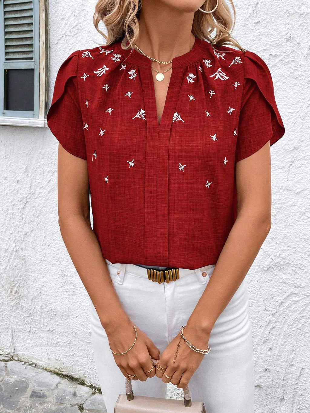 Embroidered Split Neck Petal Sleeve Top - Winered