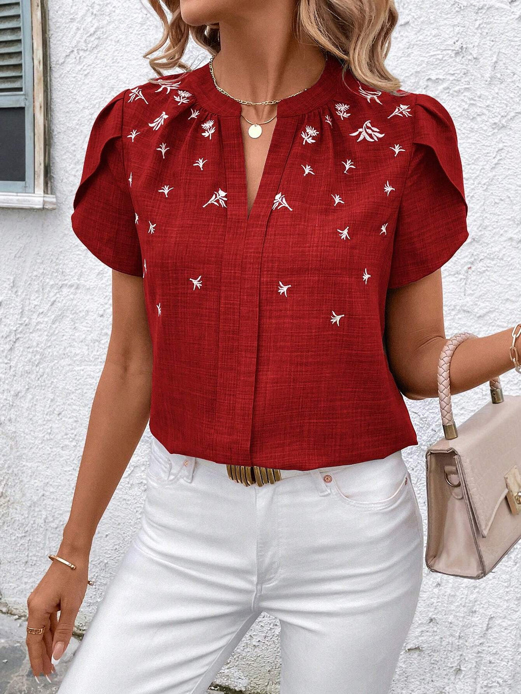 Embroidered Split Neck Petal Sleeve Top