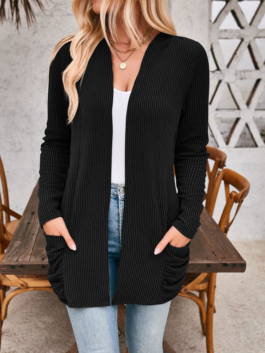 Open Front Ribbed Cardigan With Pockets - Black
