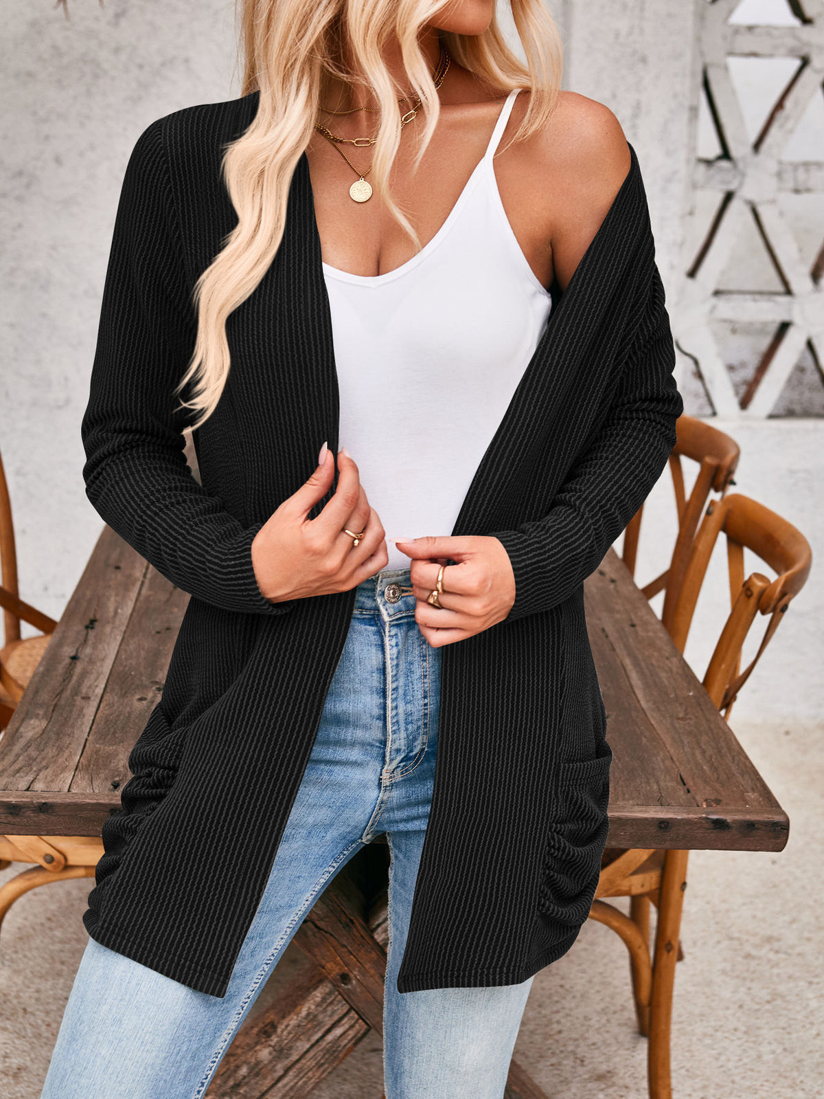 Open Front Ribbed Cardigan With Pockets - Black - 1