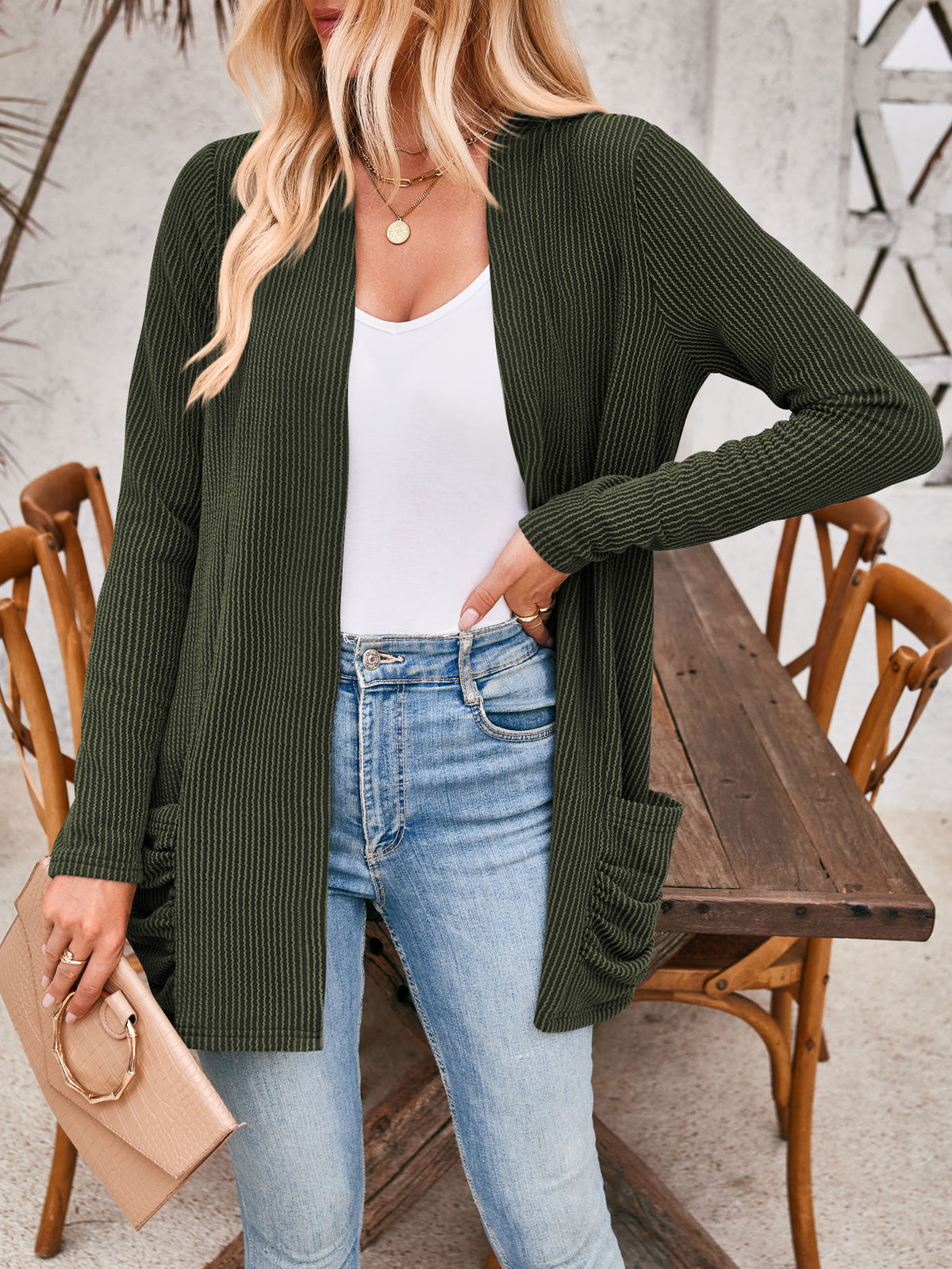 Open Front Ribbed Cardigan With Pockets - Darkgreen