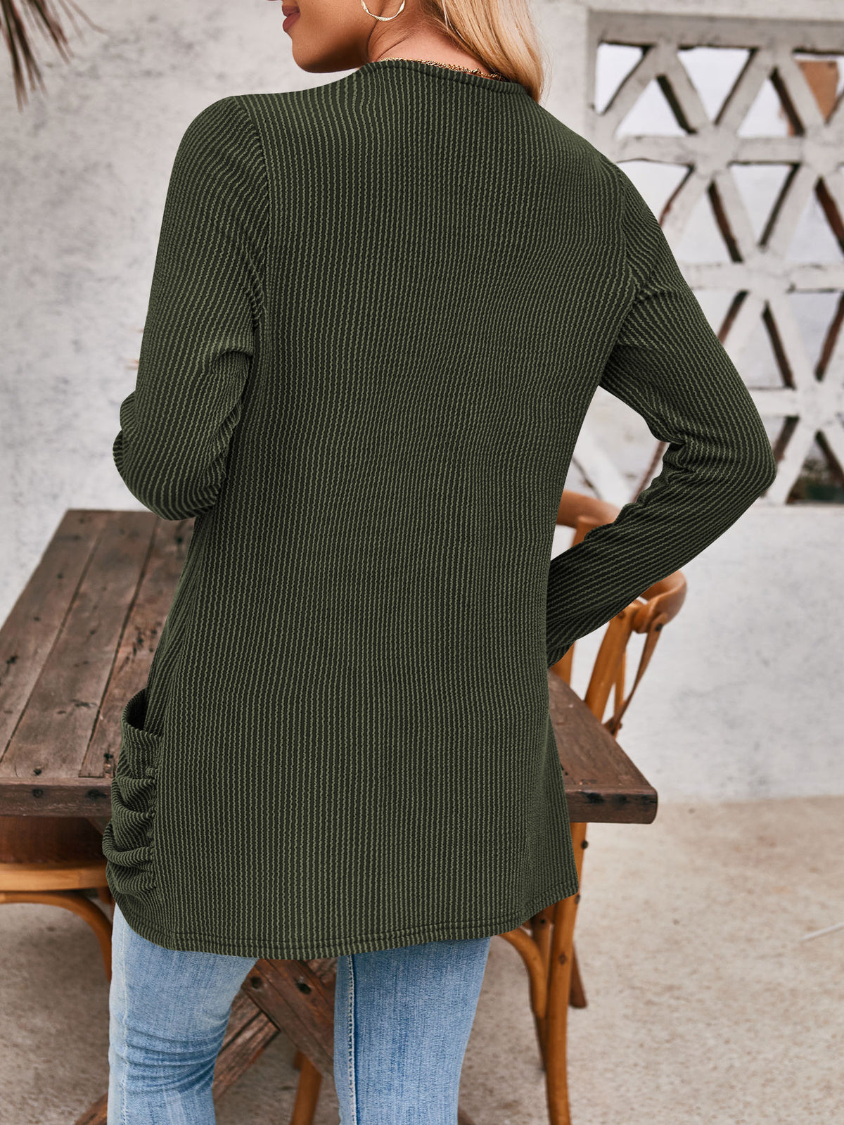 Open Front Ribbed Cardigan With Pockets - Darkgreen - 1