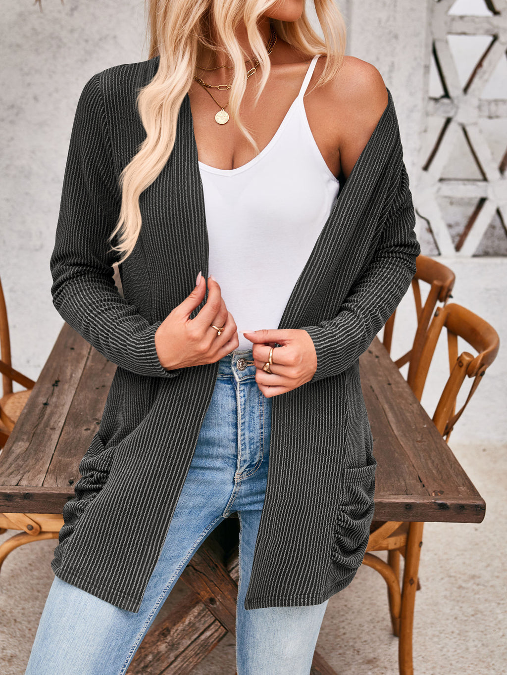 Open Front Ribbed Cardigan With Pockets - Darkgrey