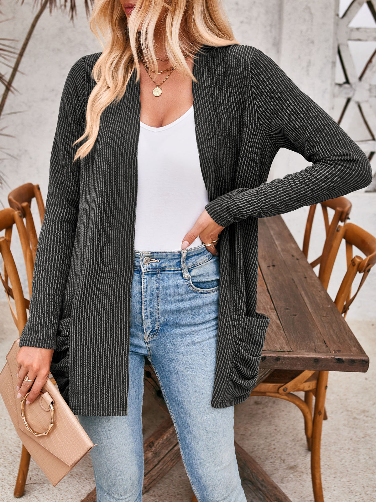 Open Front Ribbed Cardigan With Pockets - Darkgrey - 1