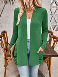 Open Front Ribbed Cardigan With Pockets - Green