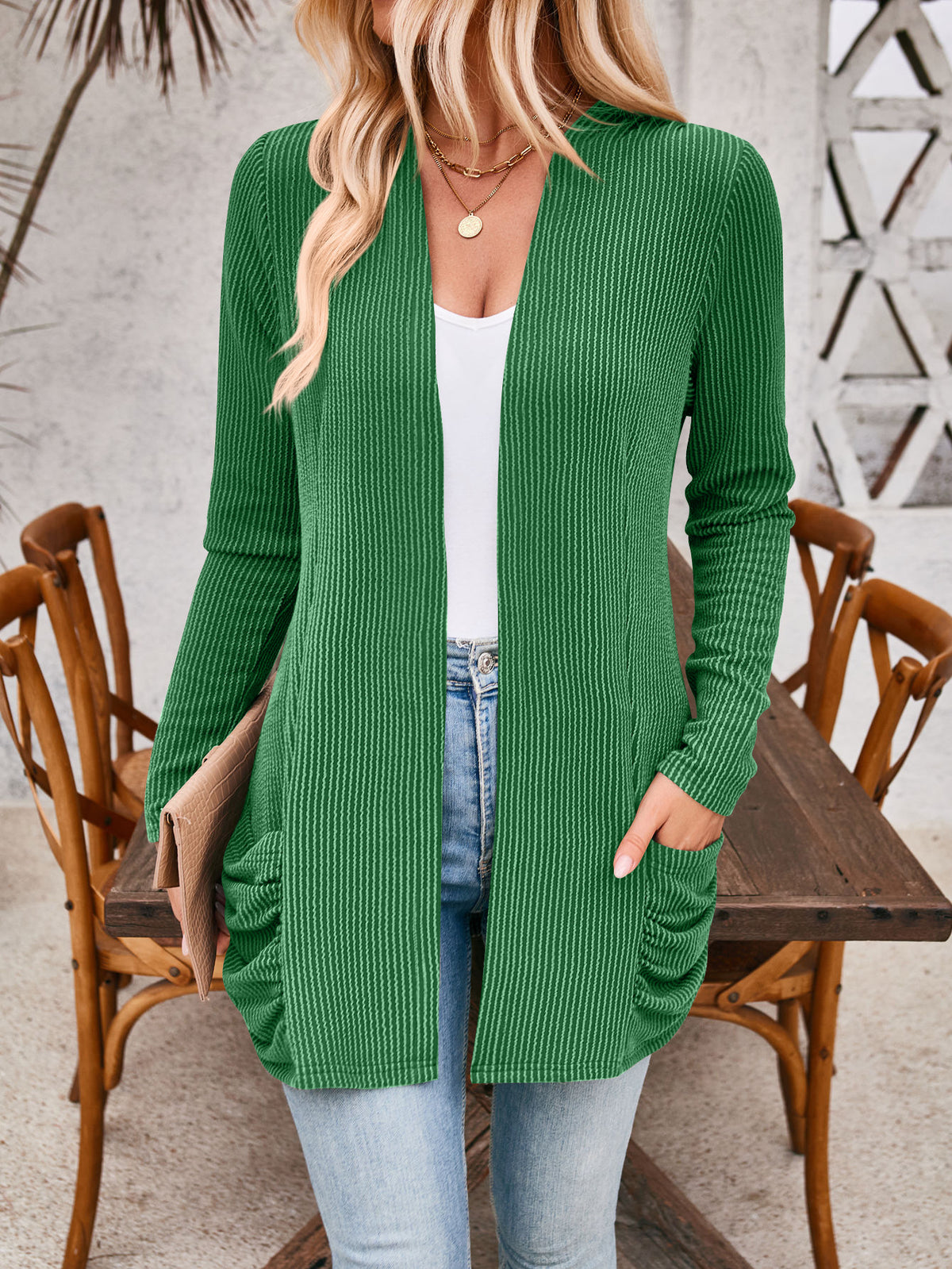 Open Front Ribbed Cardigan With Pockets - Green