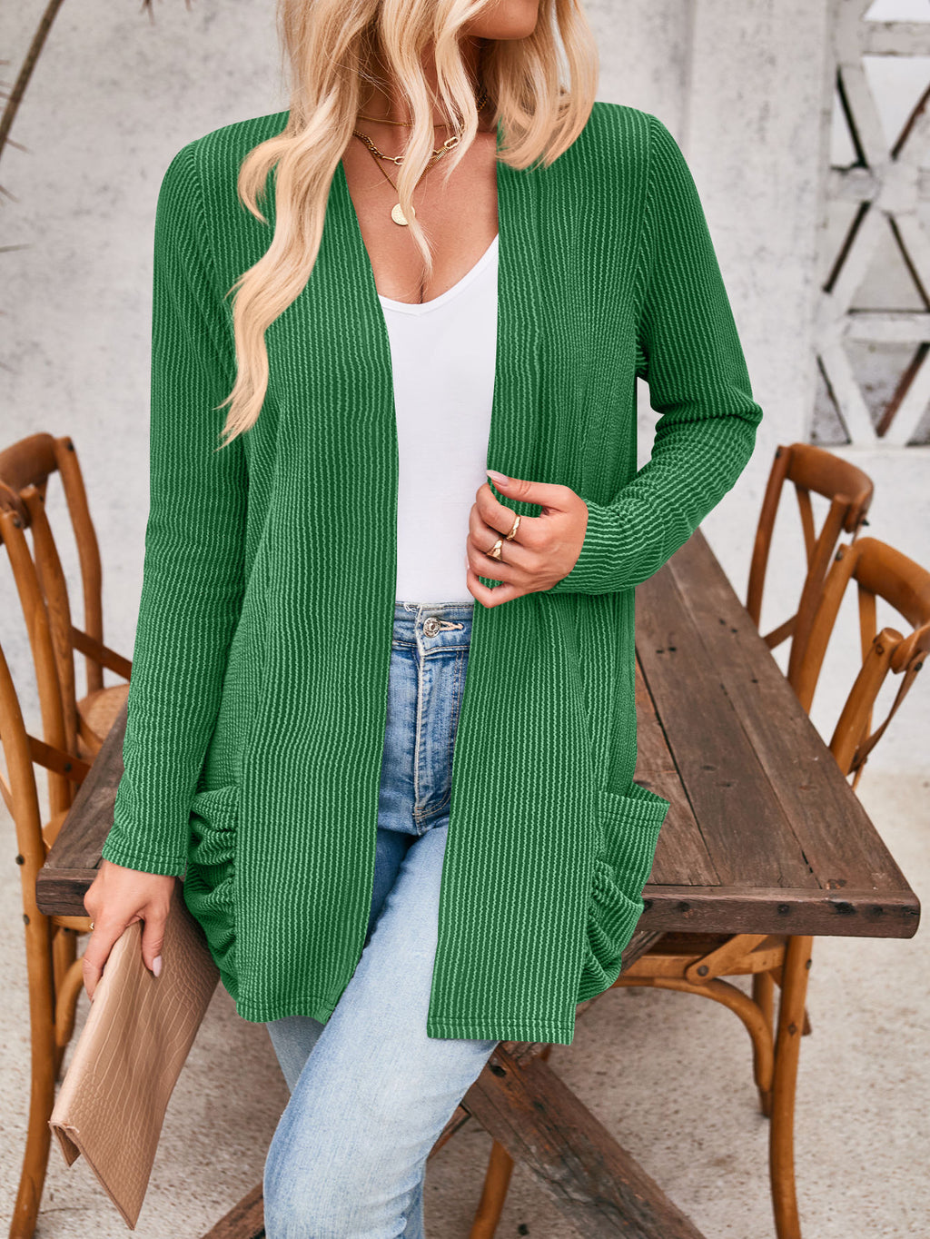 Open Front Ribbed Cardigan With Pockets - Green - 1