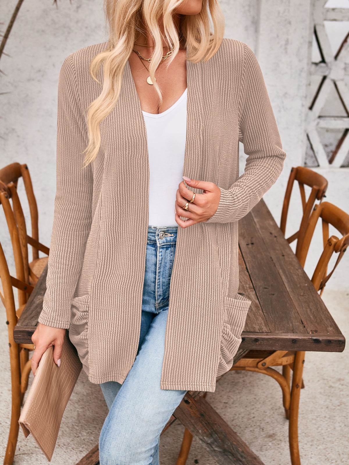 Open Front Ribbed Cardigan With Pockets - Khaki - 1