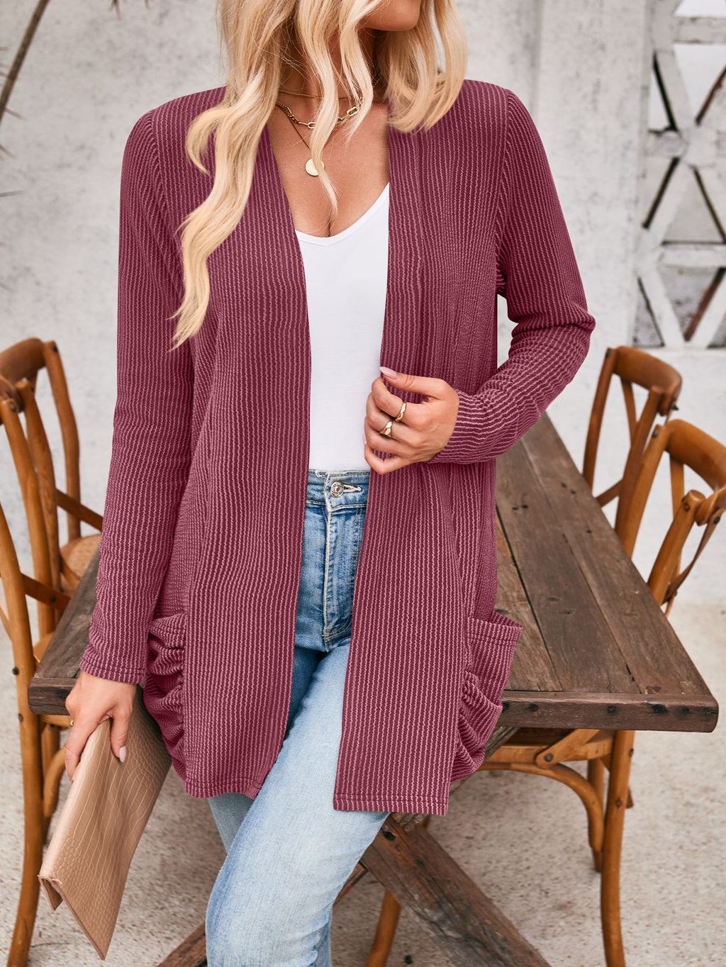 Open Front Ribbed Cardigan With Pockets - Winered