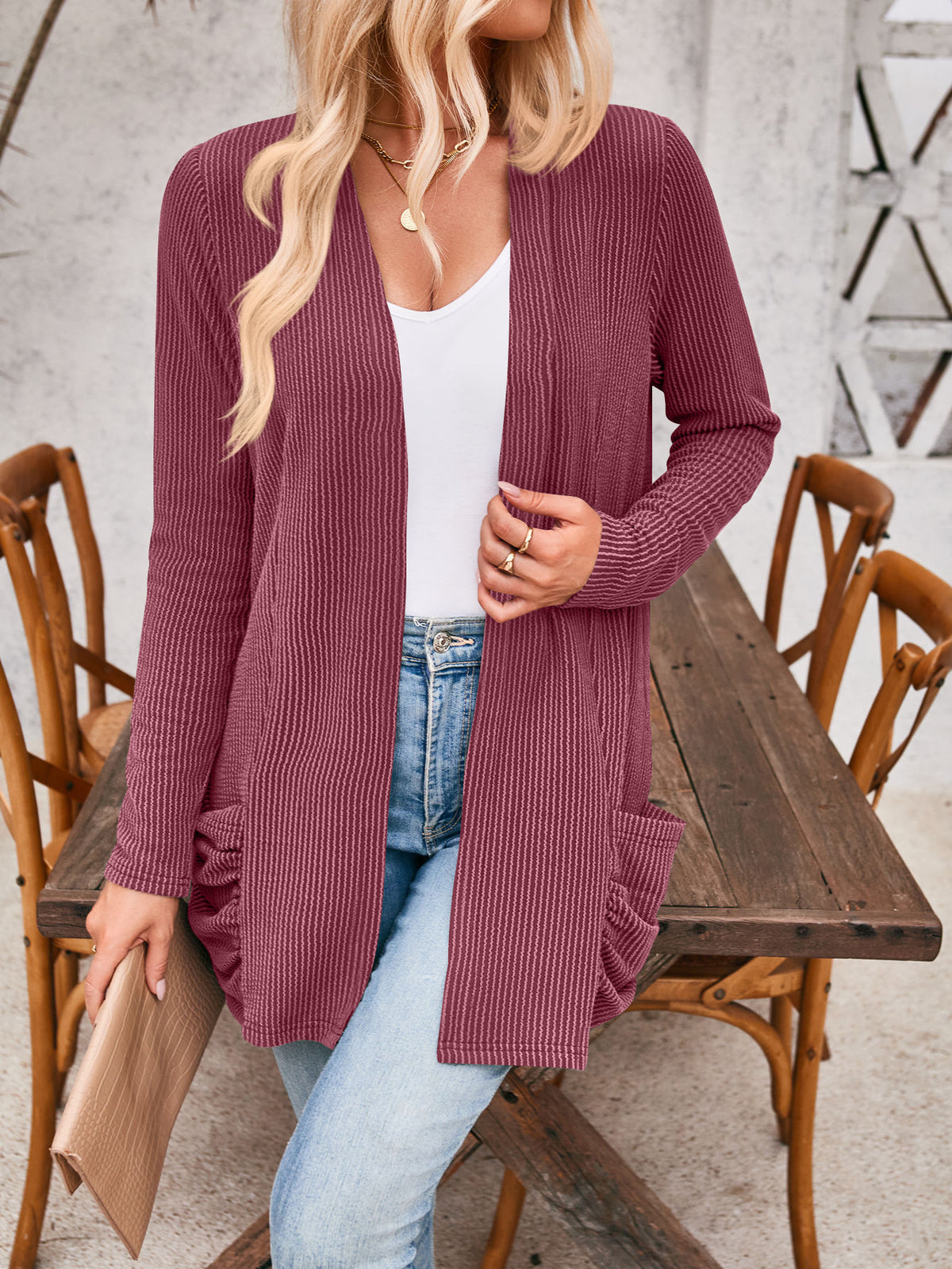Open Front Ribbed Cardigan With Pockets - Winered