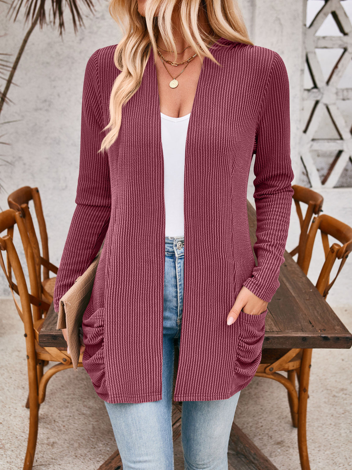 Open Front Ribbed Cardigan With Pockets