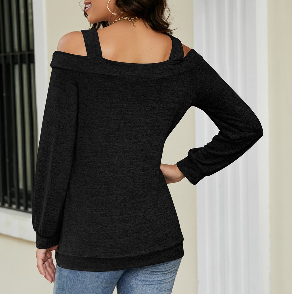 Cold Shoulder Keyhole Cutout Knit Top - Black - 3