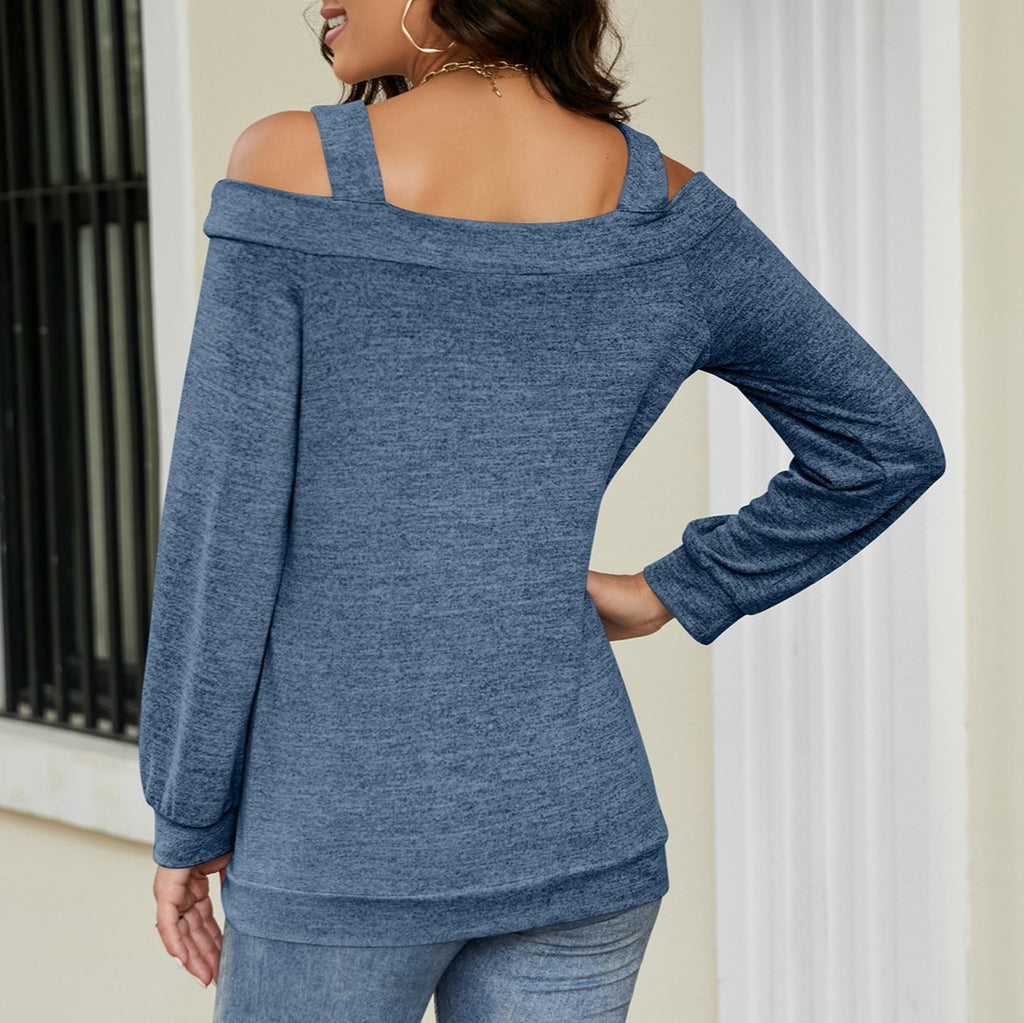 Cold Shoulder Keyhole Cutout Knit Top - Blue - 3