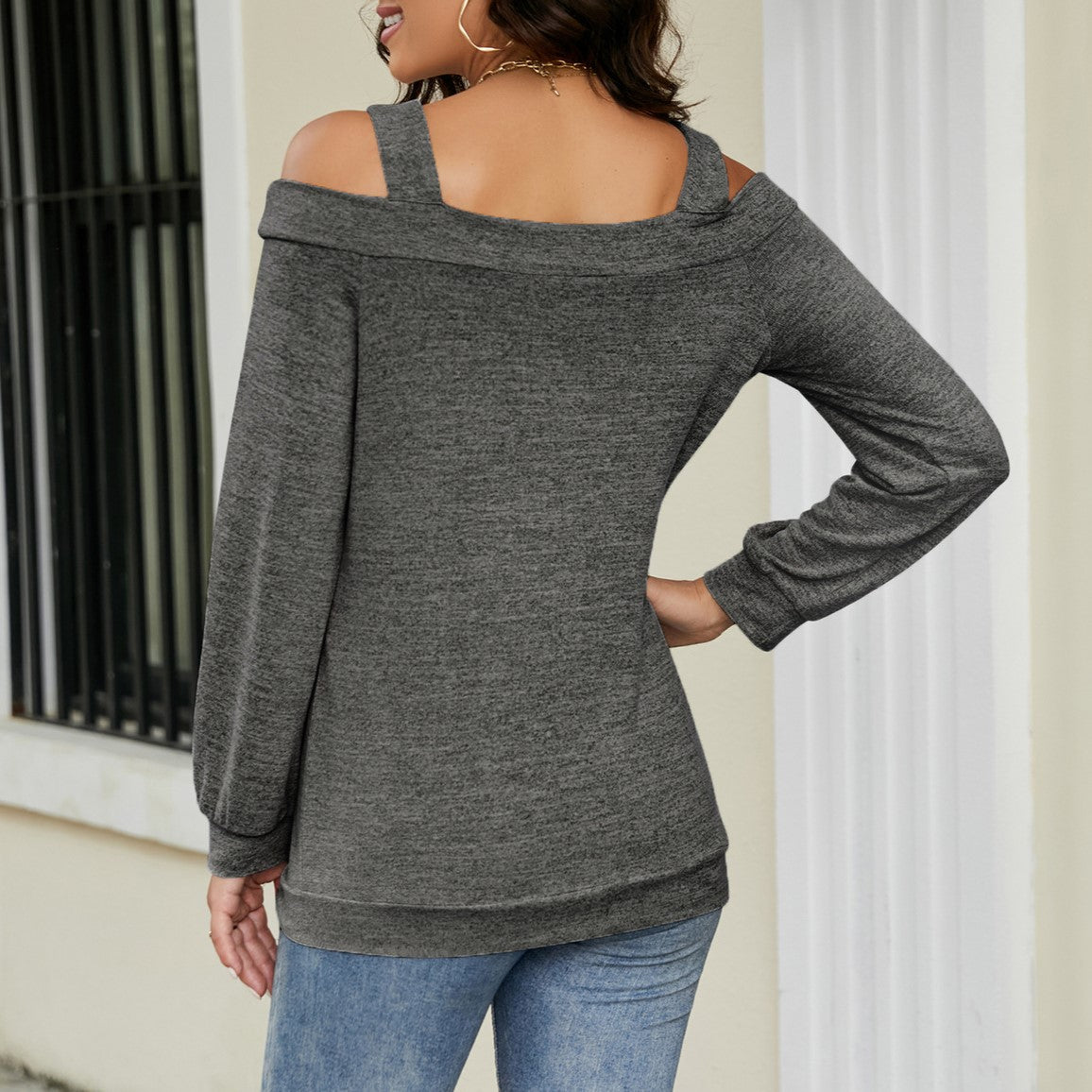 Cold Shoulder Keyhole Cutout Knit Top - Dark Grey - 1