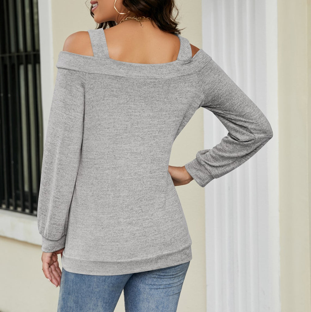 Cold Shoulder Keyhole Cutout Knit Top - Grey - 2