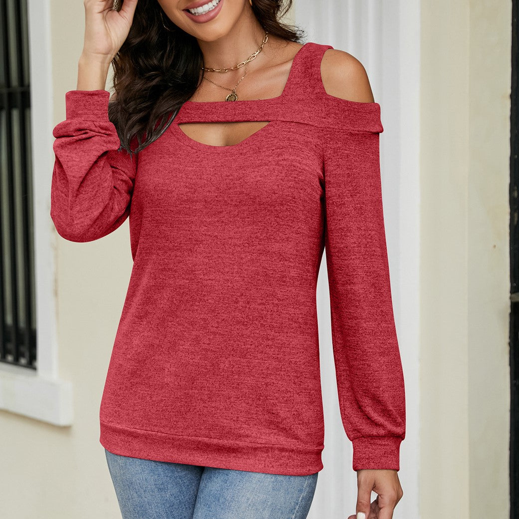 Cold Shoulder Keyhole Cutout Knit Top - Red - 1