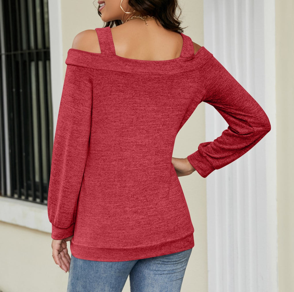 Cold Shoulder Keyhole Cutout Knit Top - Red - 3