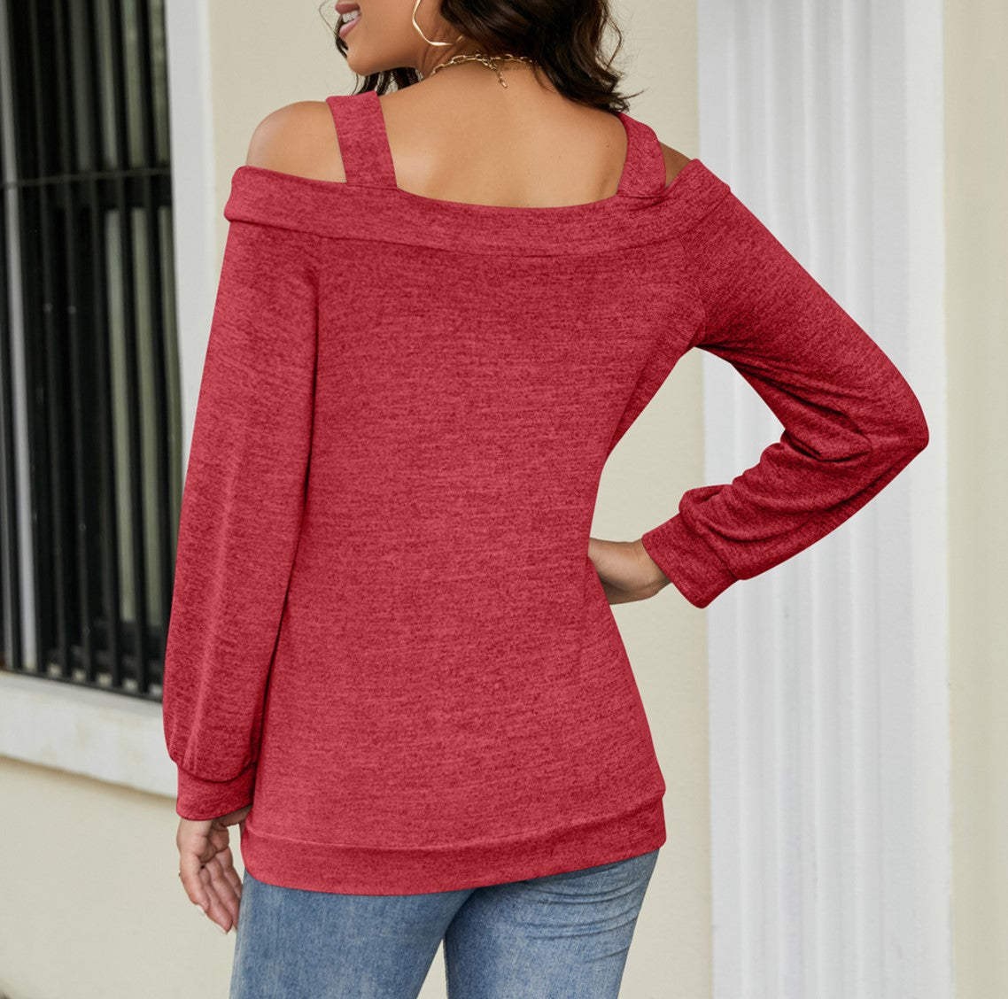 Cold Shoulder Keyhole Cutout Knit Top - Red - 3