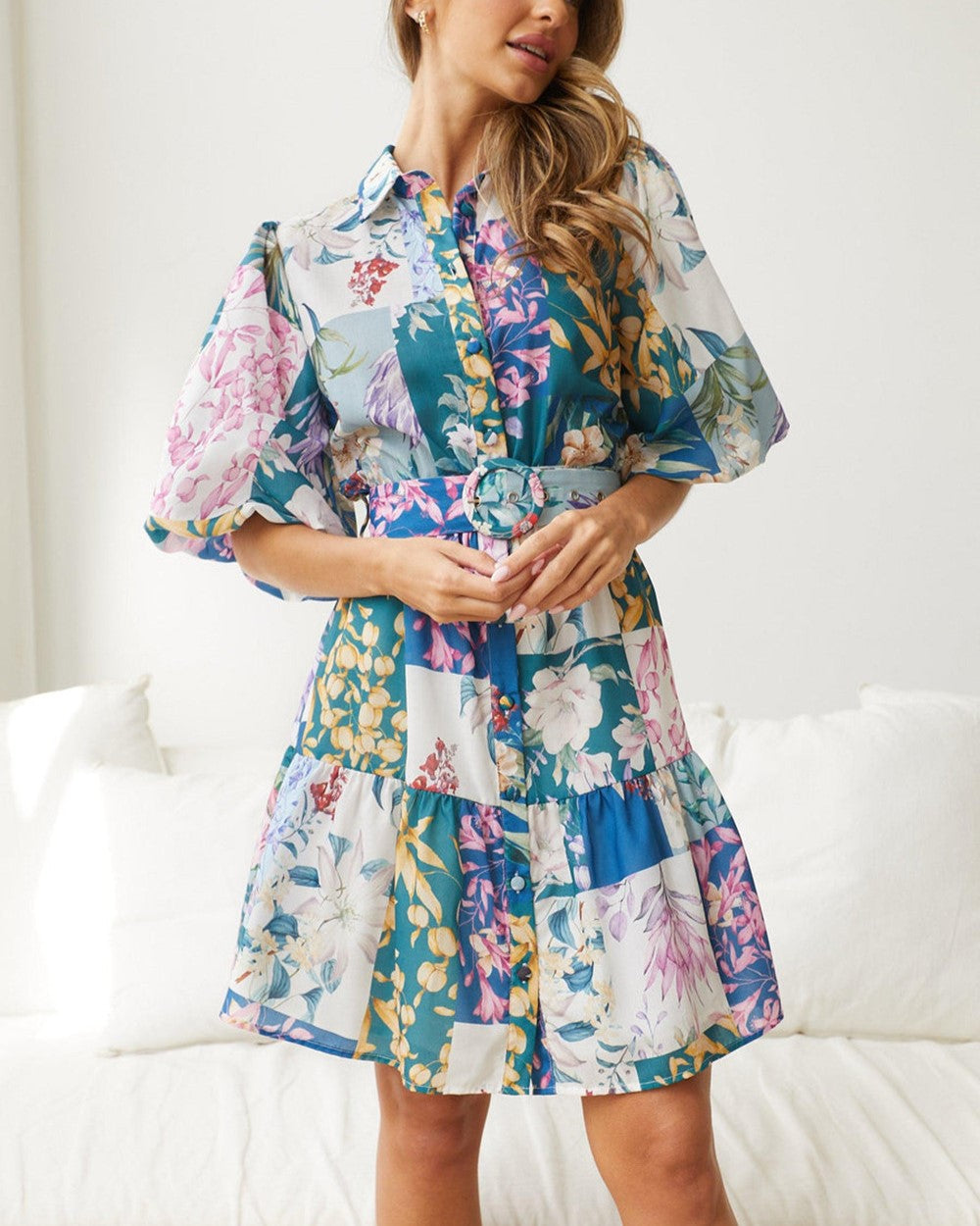 Patchwork Floral Belted Tiered Dress - Lake Blue