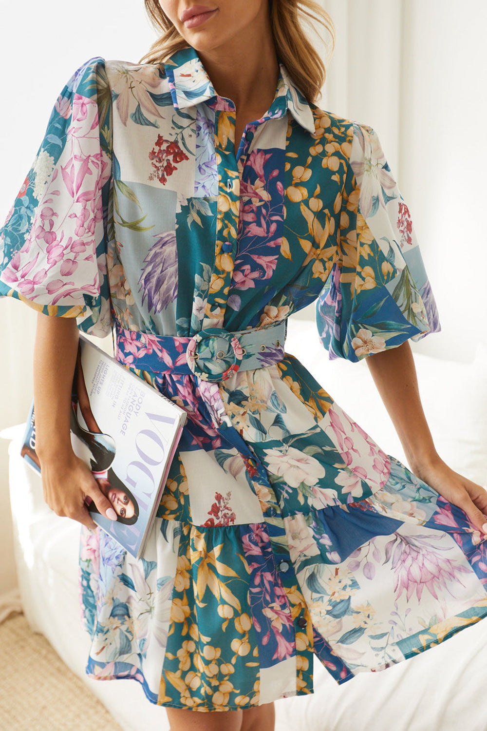 Patchwork Floral Belted Tiered Dress - Lake Blue - 1