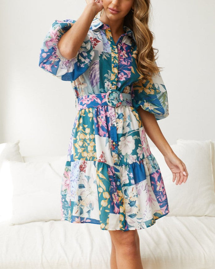Patchwork Floral Belted Tiered Dress - Lake Blue - 2