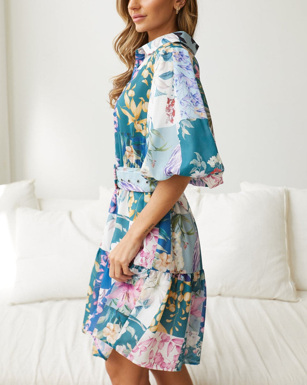 Patchwork Floral Belted Tiered Dress - Lake Blue - 3