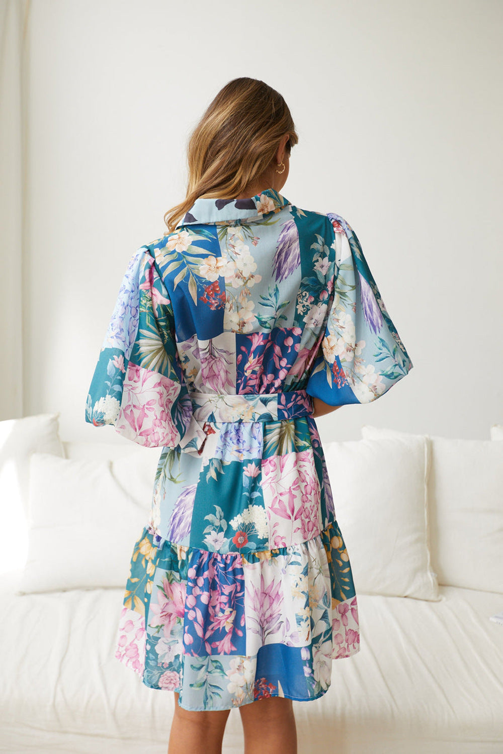 Patchwork Floral Belted Tiered Dress - Lake Blue - 4