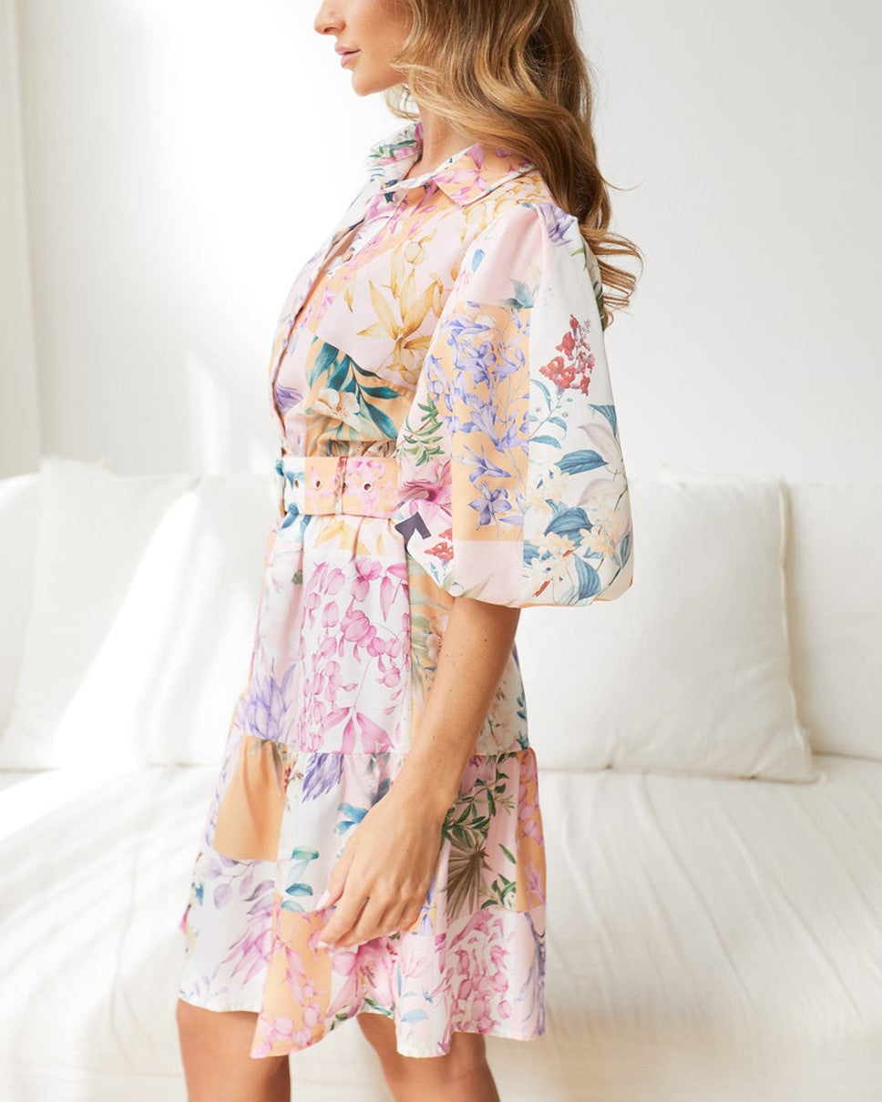 Patchwork Floral Belted Tiered Dress - Pink - 2