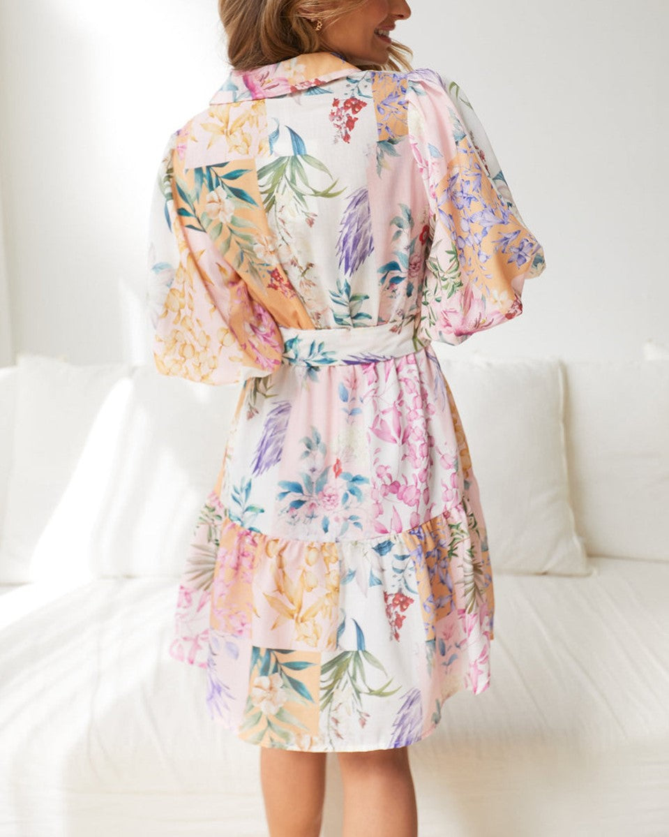 Patchwork Floral Belted Tiered Dress - Pink - 3