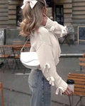 Bow Trim Sleeve Slouchy Knit Sweater - Apricot