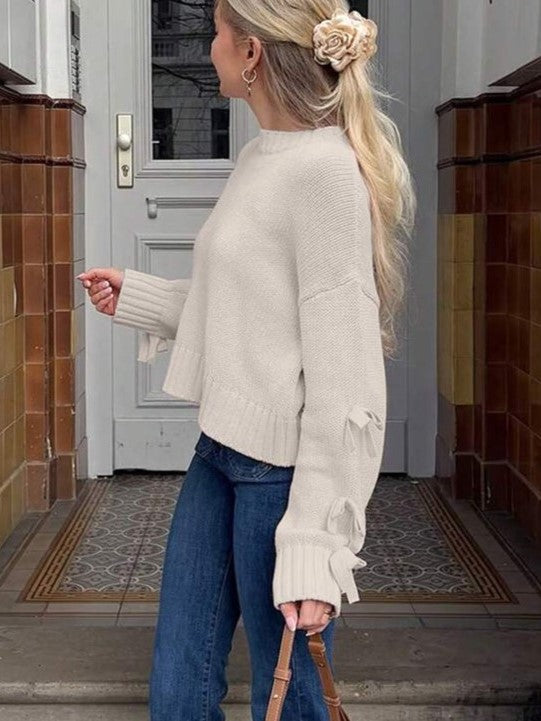 Bow Trim Sleeve Slouchy Knit Sweater - Apricot - 1