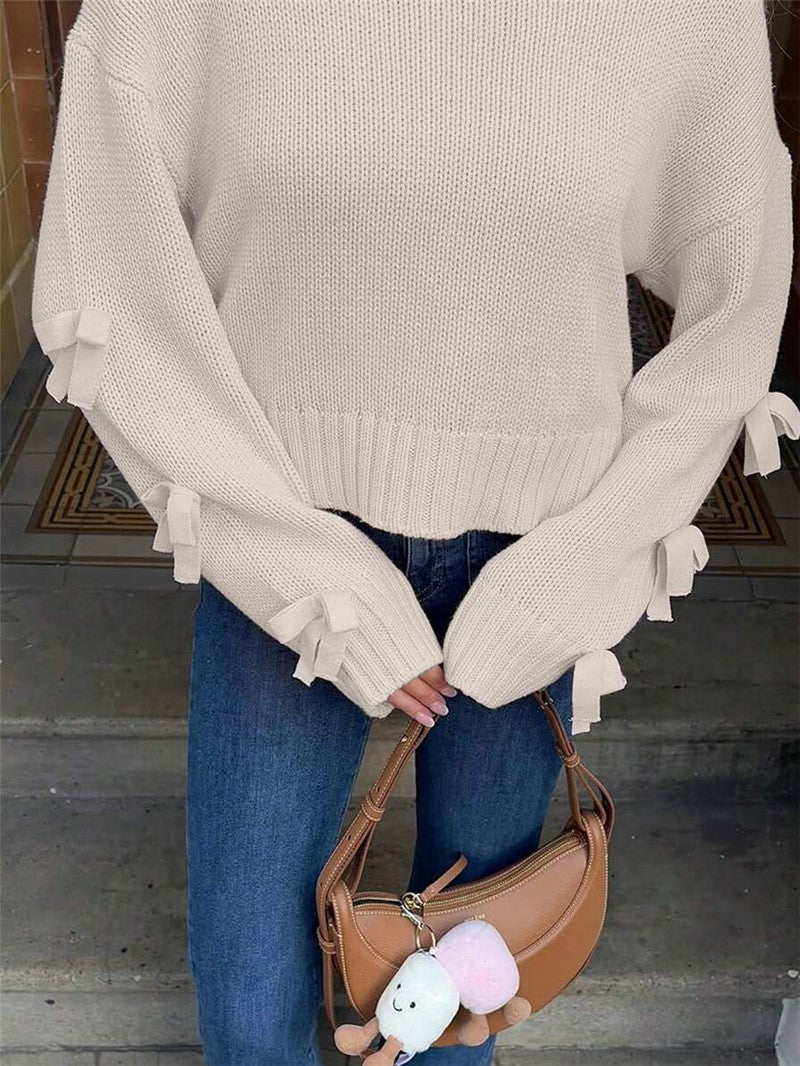 Bow Trim Sleeve Slouchy Knit Sweater - Apricot - 2