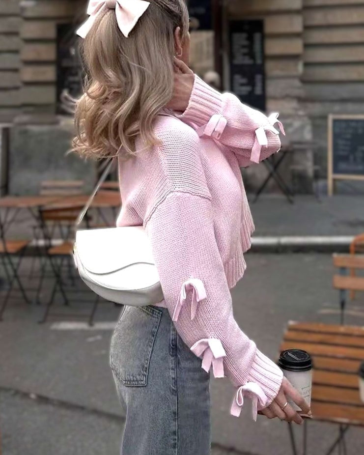 Bow Trim Sleeve Slouchy Knit Sweater - Pink